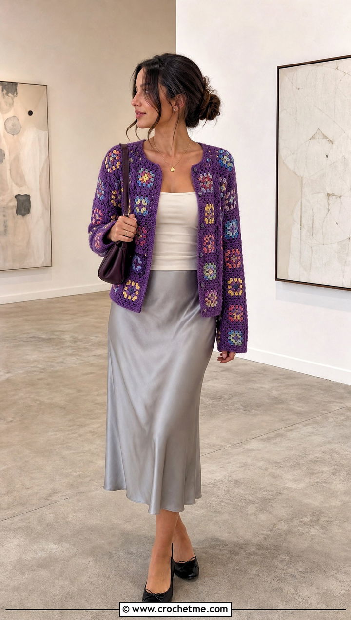 Granny Square Cardigan With Satin Slip Skirt - 30 crochet thread clothes and outfit ideas