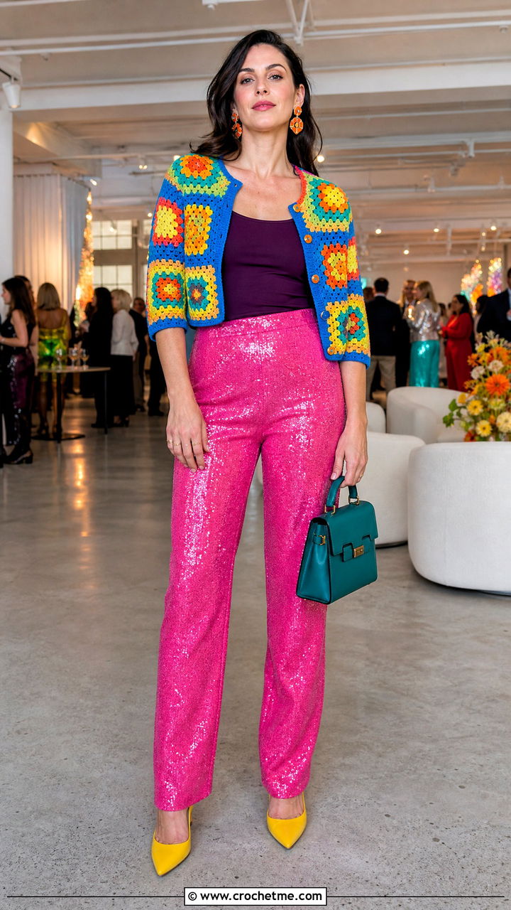 Granny Square Cardigan With Sequin Pants - 35 granny square cardigan outfit ideas