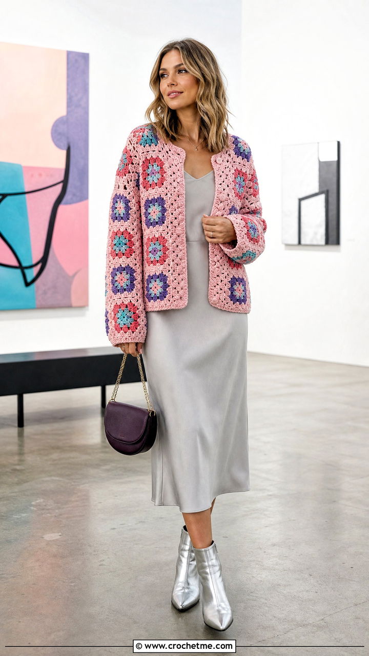 Granny Square Cardigan With Slip Dress - 35 easy crochet clothes and outfit ideas