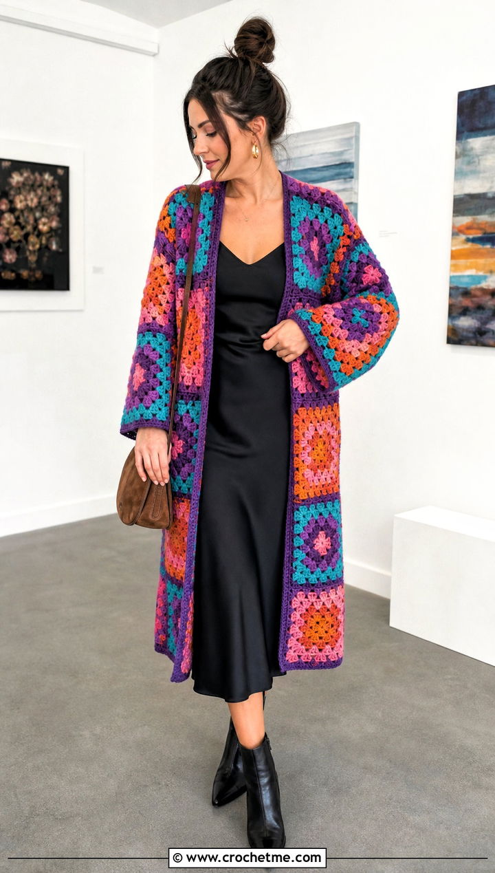 Granny Square Cardigan With Slip Dress - 20 Quick Crochet Clothes and outfit ideas