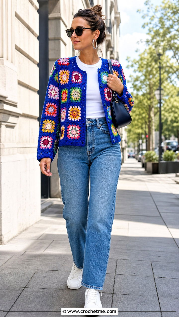 Granny Square Cardigan With Straight Leg Jeans - 30 outfits to crochet outfit ideas