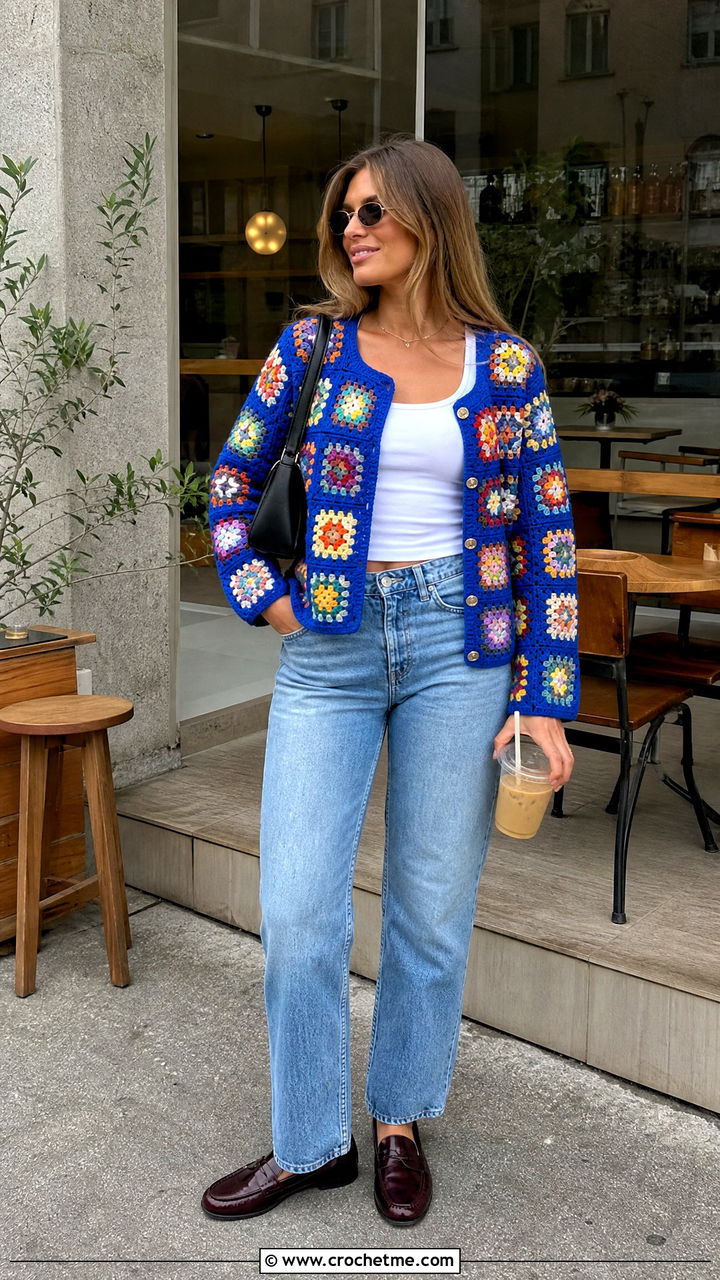 Granny Square Cardigan With Straight Leg Jeans - 35 crochet projects clothes and outfit ideas