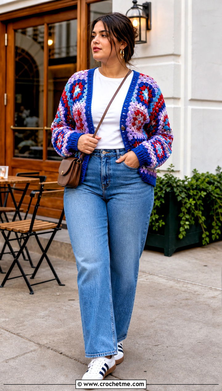 Granny Square Cardigan With Straight Leg Jeans - 25 cool crochet clothes and outfit ideas