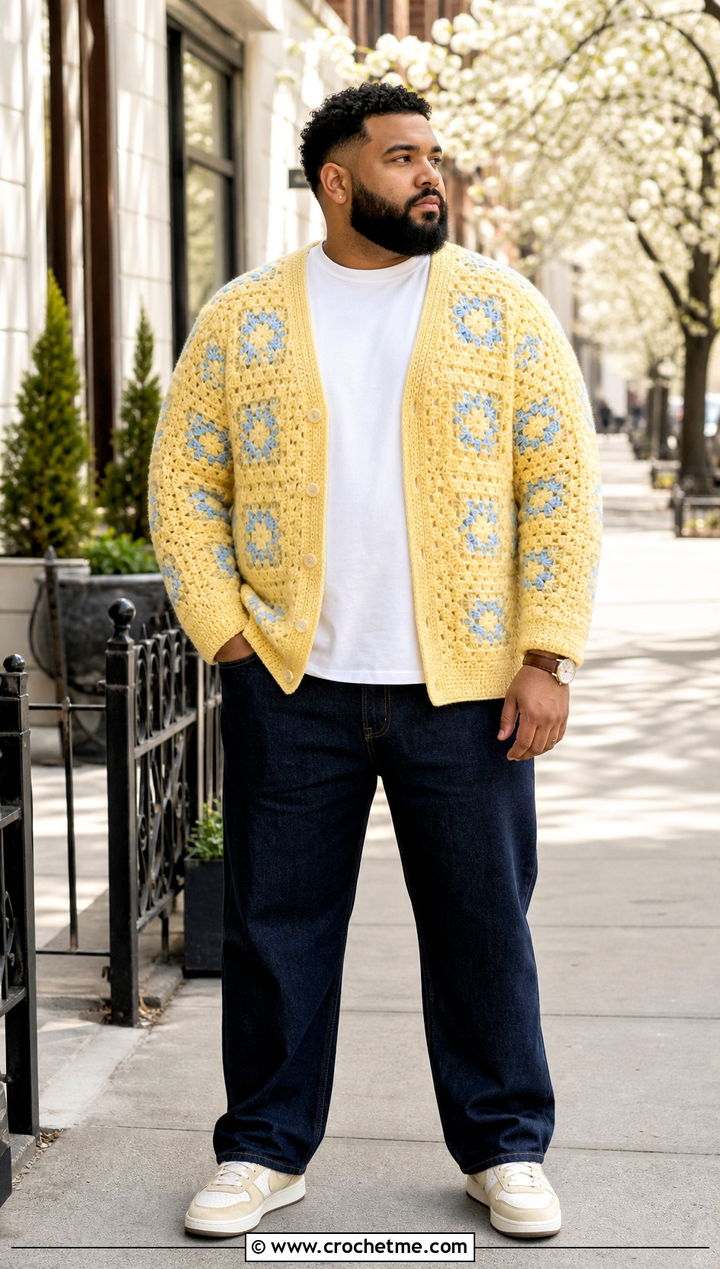 Granny Square Cardigan With Straight Leg Jeans - 25 crochet men's clothes and outfit ideas