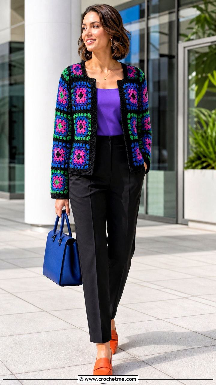Granny Square Cardigan With Tailored Black Pants - 35 granny square cardigan outfit ideas