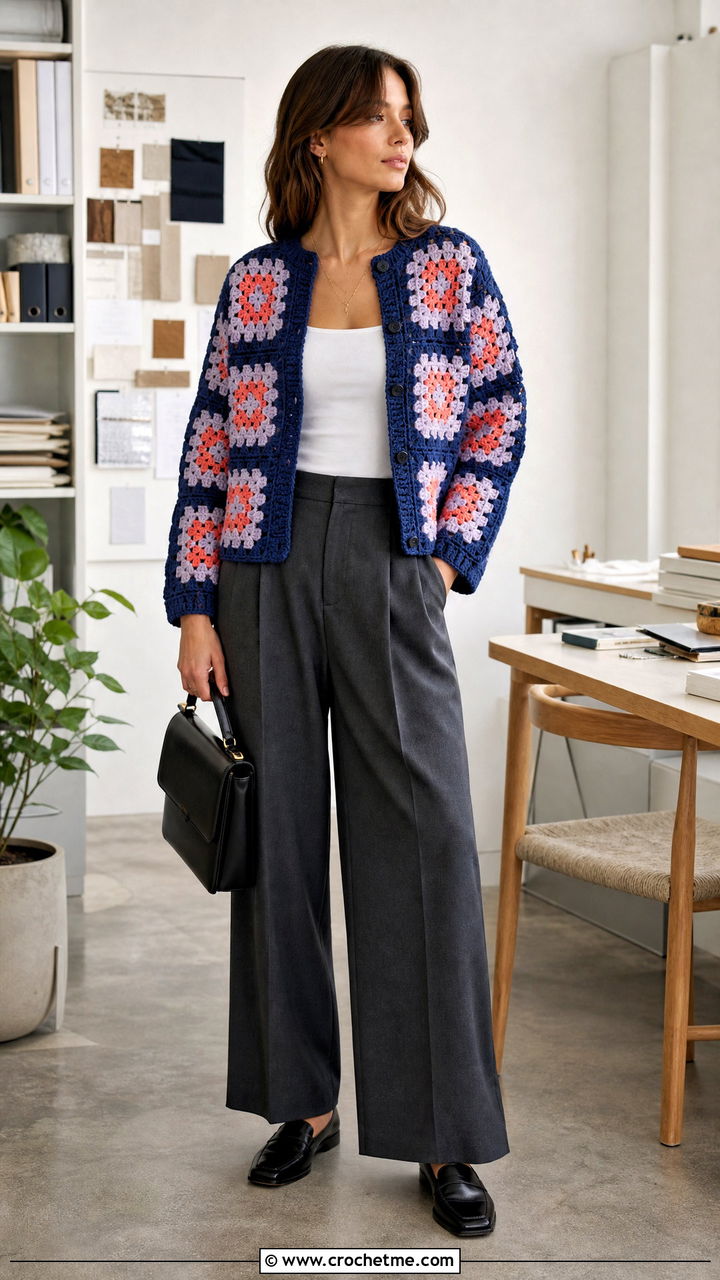 Granny Square Cardigan With Tailored Trousers - 35 crochet clothes and accessories outfit ideas