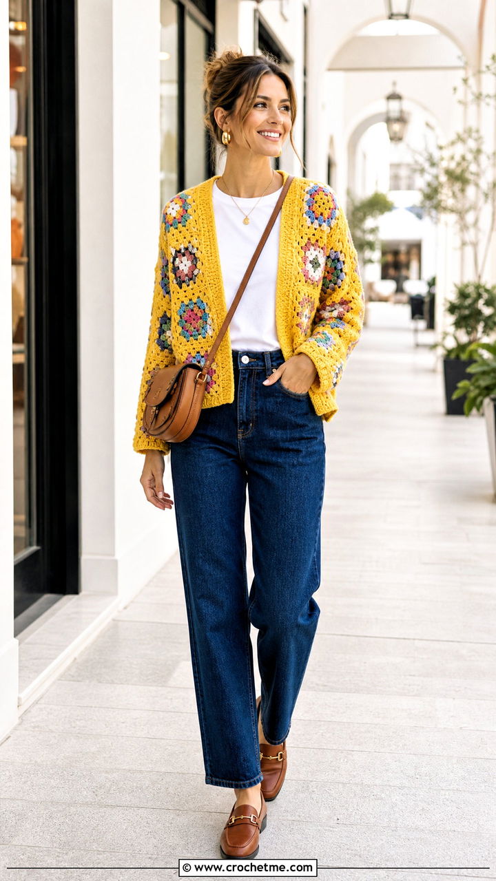 Granny Square Cardigan With White T Shirt And Straight Jeans - 35 granny square sweater outfit ideas