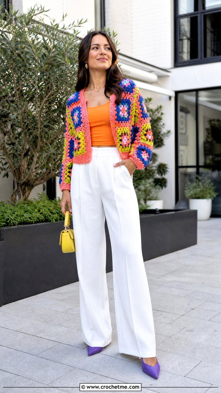 Granny Square Cardigan With White Trousers - 35 granny square cardigan outfit ideas