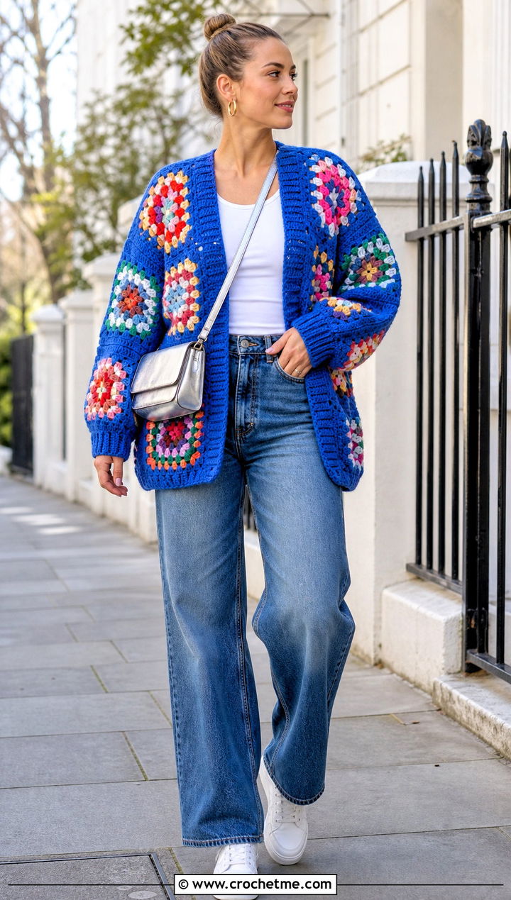 Granny Square Cardigan With Wide Leg Jeans - 25 Crochet Clothes With Granny Squares outfit ideas