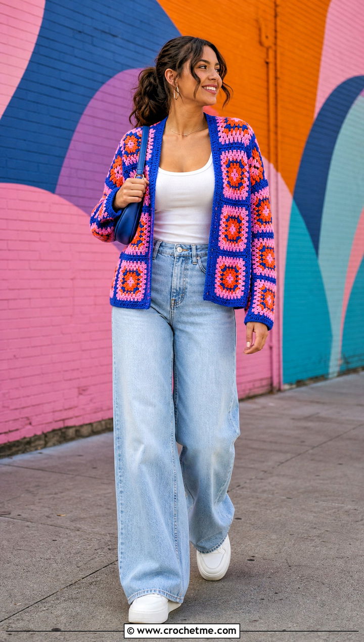 Granny Square Cardigan With Wide Leg Jeans - 15 Crochet Photo Shoot Outfits ideas
