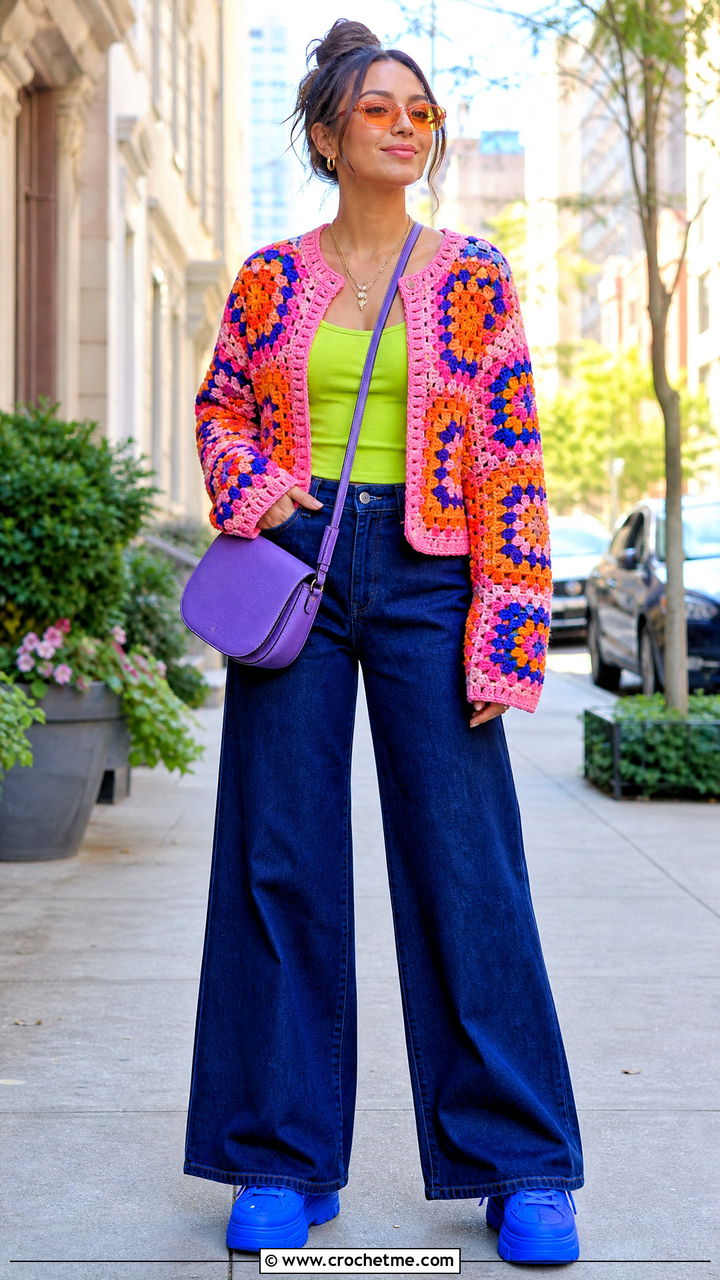 Granny Square Cardigan With Wide Leg Jeans - 35 granny square cardigan outfit ideas