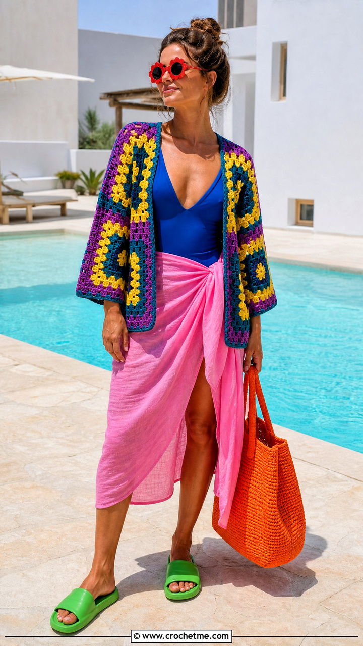 Granny Square Cardigan With a Beach Cover Up - 35 granny square cardigan outfit ideas