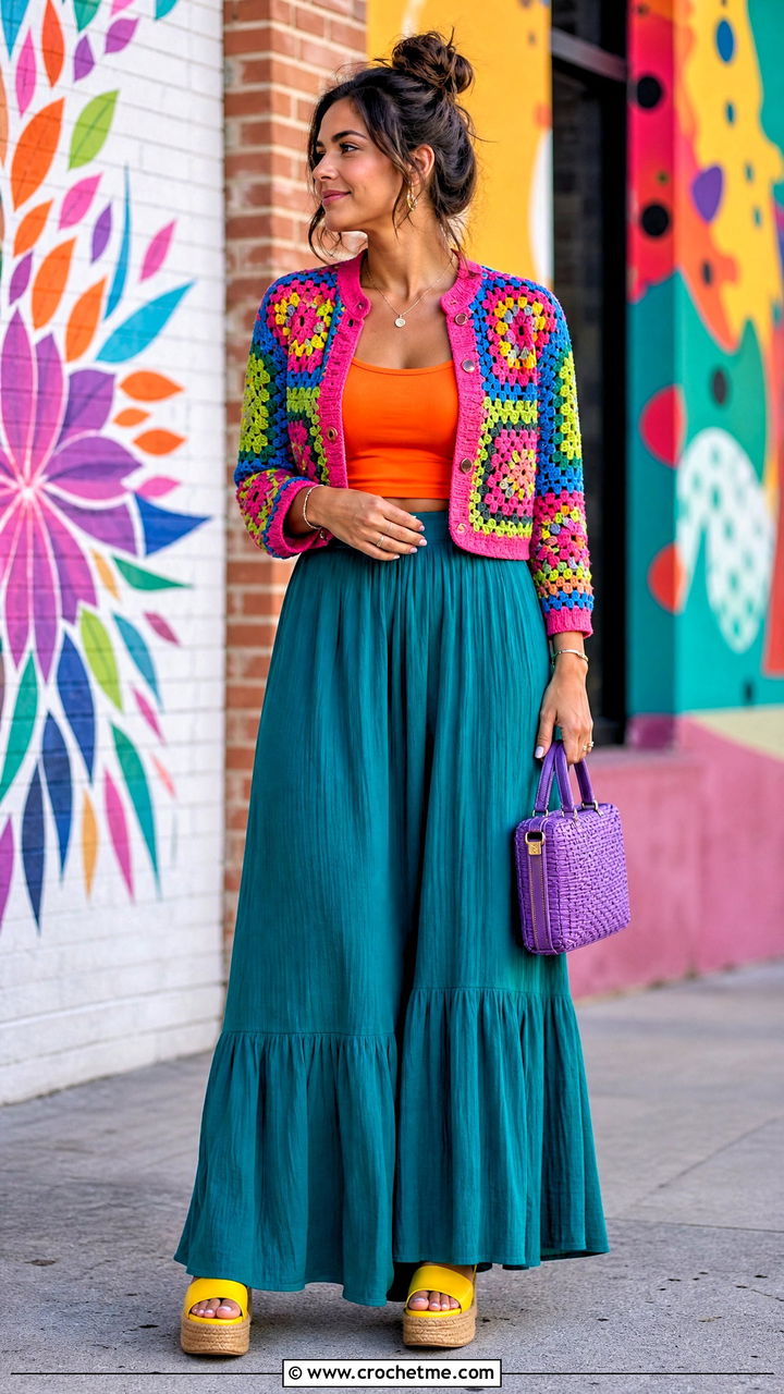 Granny Square Cardigan With a Boho Maxi Skirt - 35 granny square cardigan outfit ideas