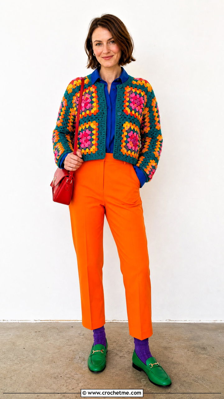 Granny Square Cardigan With a Button Down Shirt - 35 granny square cardigan outfit ideas
