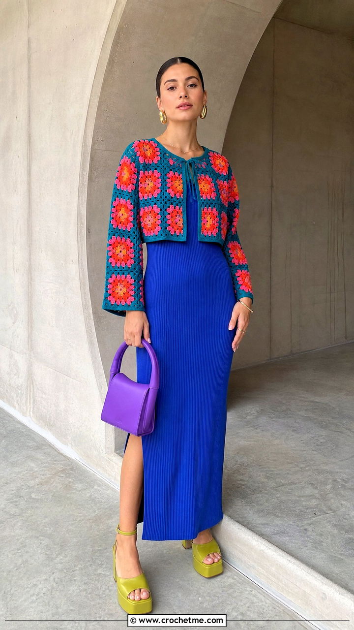 Granny Square Cardigan With a Column Maxi Dress - 35 granny square cardigan outfit ideas