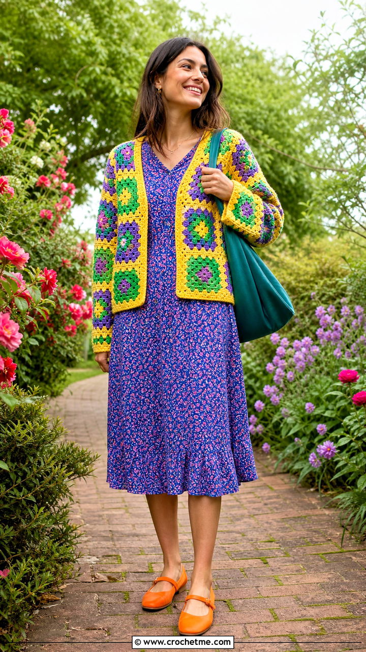 Granny Square Cardigan With a Floral Dress - 35 granny square cardigan outfit ideas