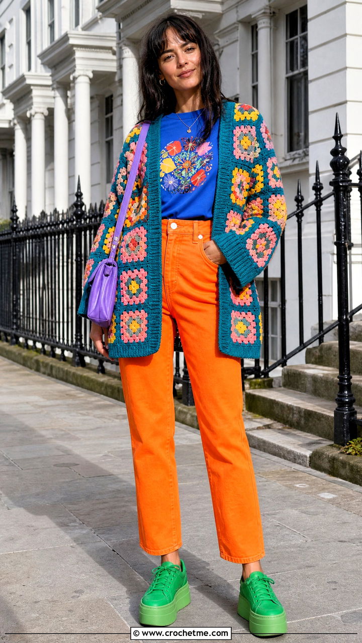 Granny Square Cardigan With a Graphic Tee - 35 granny square cardigan outfit ideas