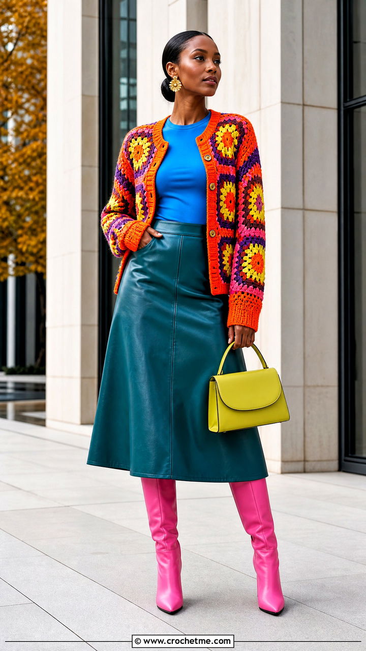 Granny Square Cardigan With a Leather Skirt - 35 granny square cardigan outfit ideas