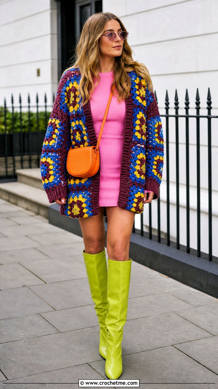 Granny Square Cardigan With a Mini Dress - 35 granny square cardigan outfit ideas