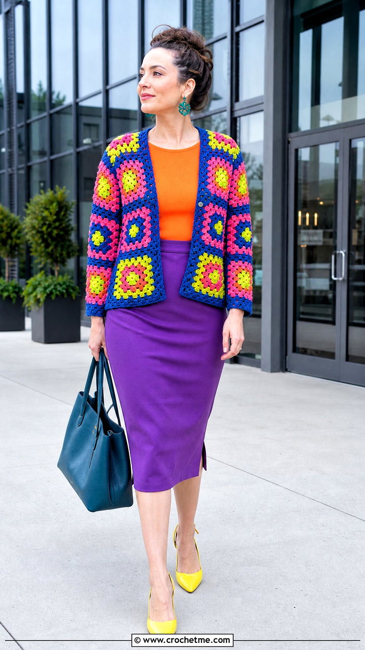 Granny Square Cardigan With a Pencil Skirt - 35 granny square cardigan outfit ideas