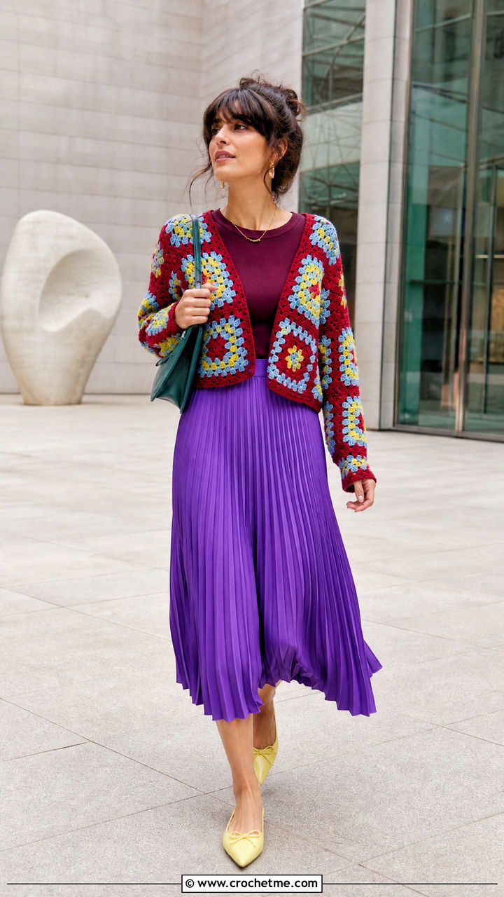 Granny Square Cardigan With a Pleated Midi Skirt - 35 granny square cardigan outfit ideas