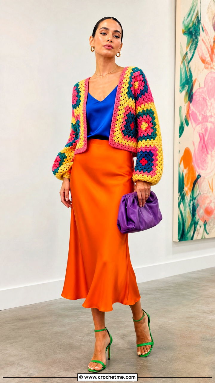 Granny Square Cardigan With a Satin Midi Skirt - 35 granny square cardigan outfit ideas
