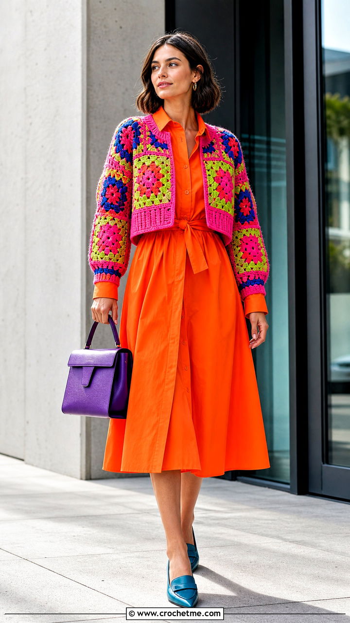 Granny Square Cardigan With a Shirt Dress - 35 granny square cardigan outfit ideas