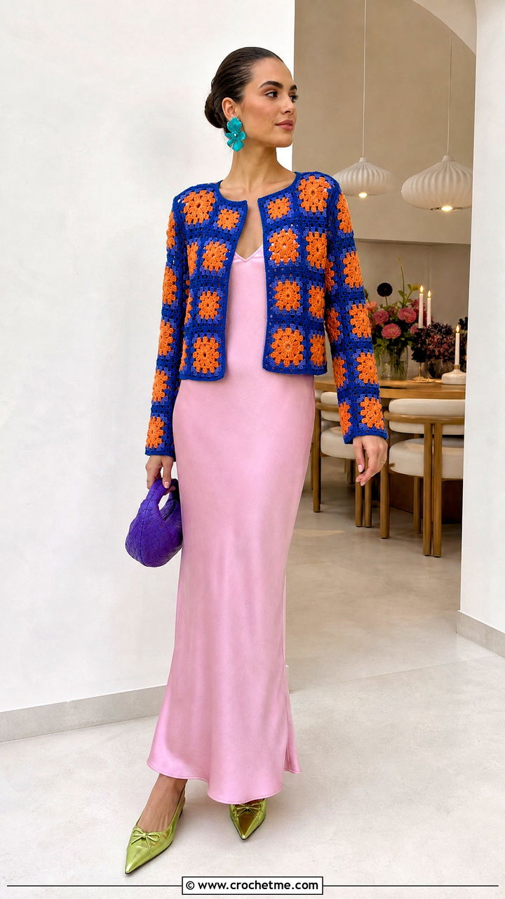 Granny Square Cardigan With a Slip Dress - 35 granny square cardigan outfit ideas