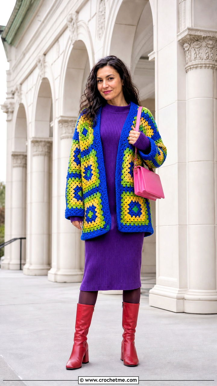 Granny Square Cardigan With a Sweater Dress - 35 granny square cardigan outfit ideas