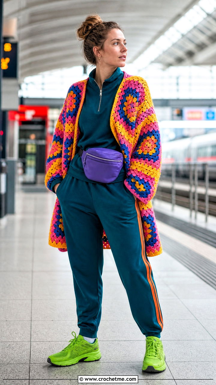Granny Square Cardigan With a Tracksuit - 35 granny square cardigan outfit ideas