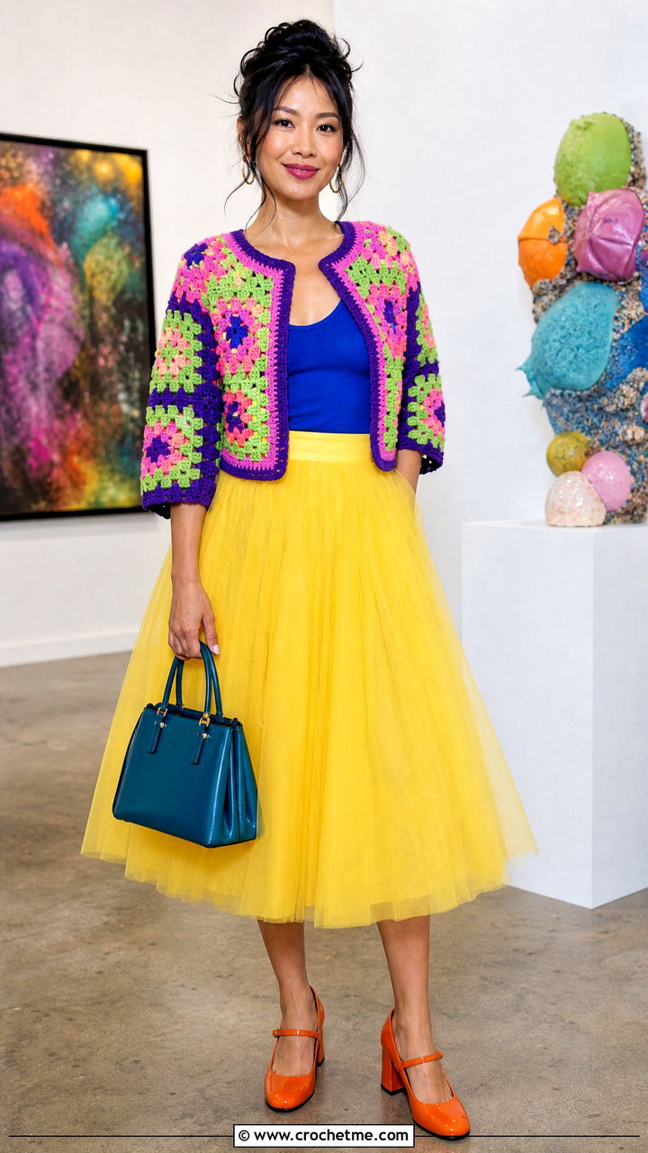 Granny Square Cardigan With a Tulle Skirt - 35 granny square cardigan outfit ideas