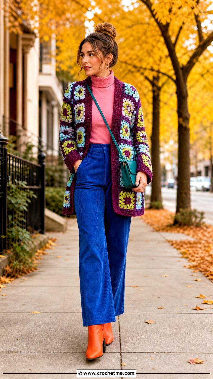 Granny Square Cardigan With a Turtleneck - 35 granny square cardigan outfit ideas