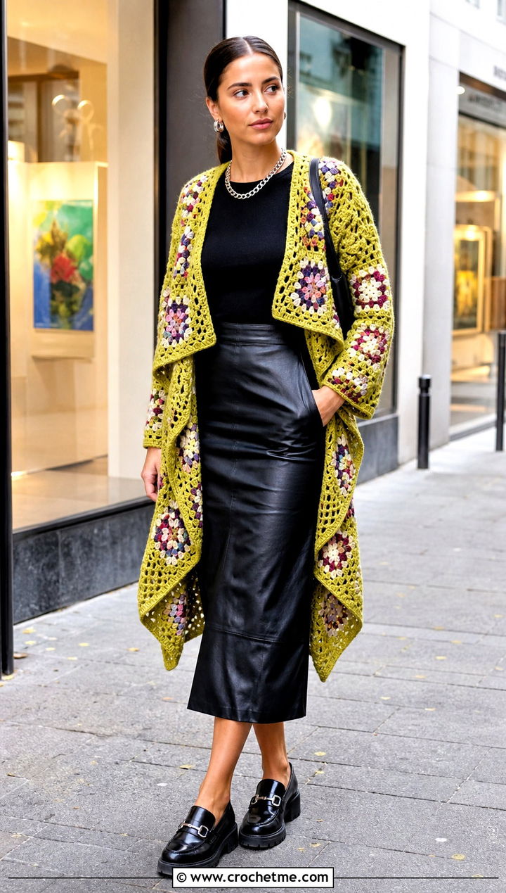 Granny Square Cascade Crochet Cardigan With Leather Midi Skirt - 15 cascade crochet cardigan outfit ideas