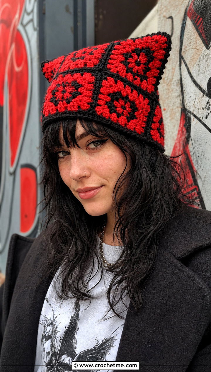 Granny Square Cat Ear Beanie With Graphic Tee - 25 Easy Crochet Granny Square Hats outfit ideas