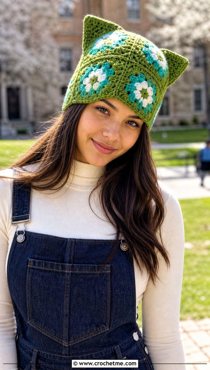 Granny Square Cat Ear Crochet Beanie With Overalls - 30 crochet beanies for women outfit ideas