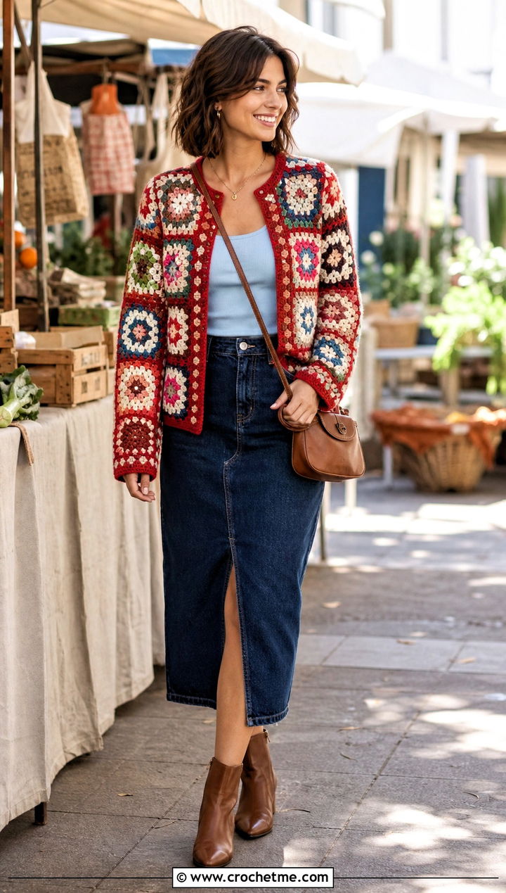 Granny Square Chanel Crochet Cardigan With Denim Midi Skirt - 20 Chanel Crochet Cardigan outfit ideas