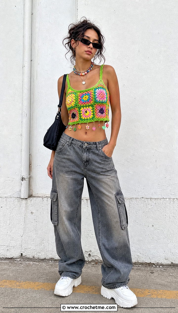 Granny Square Charm Crop Top With Cargo Jeans - 25 crochet top with charms outfit ideas