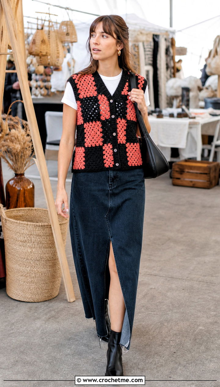 Granny Square Checkerboard Vest With Denim Maxi Skirt - 15 Crochet Wednesday Addams Vest outfit ideas