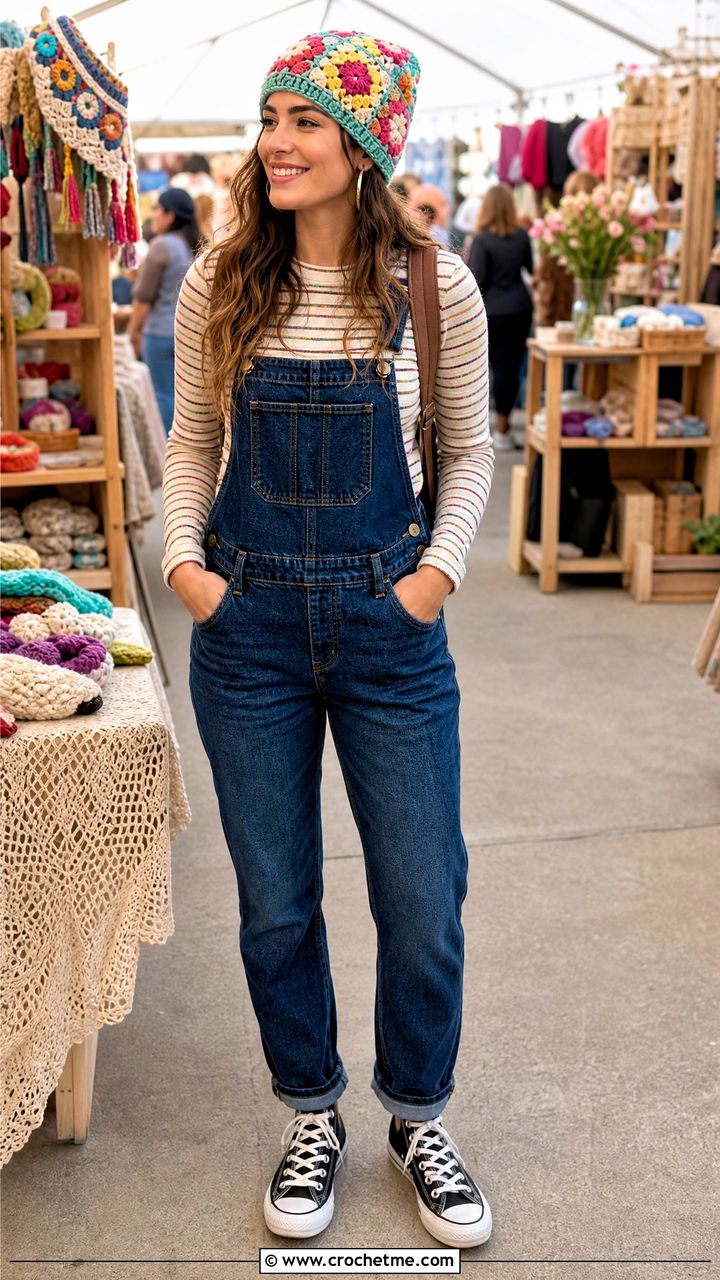Granny Square Checkered Beanie With Overalls - 35 crochet checkered beanie outfit ideas
