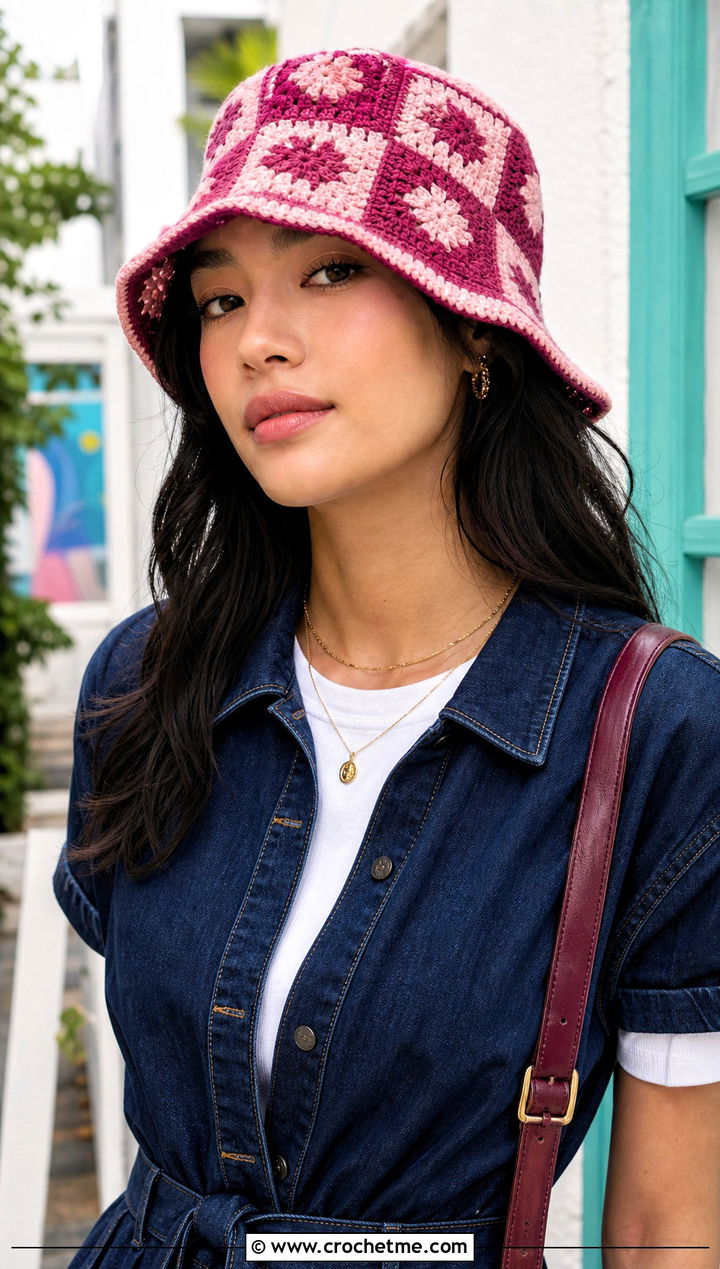 Granny Square Checkered Crochet Bucket Hat With Denim Dress - 15 Checkered Crochet Hat outfit ideas