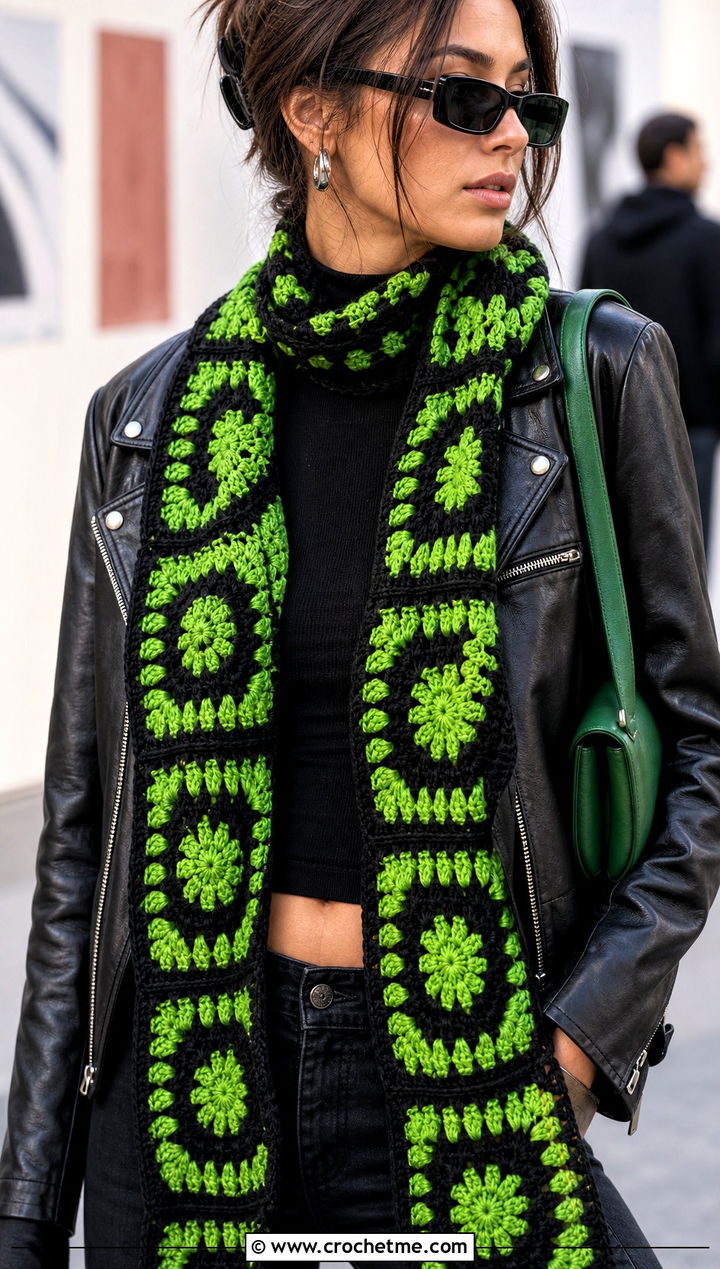 Granny Square Checkered Crochet Scarf With Leather Jacket and Black Jeans - 20 Checkered Crochet Scarf outfit ideas
