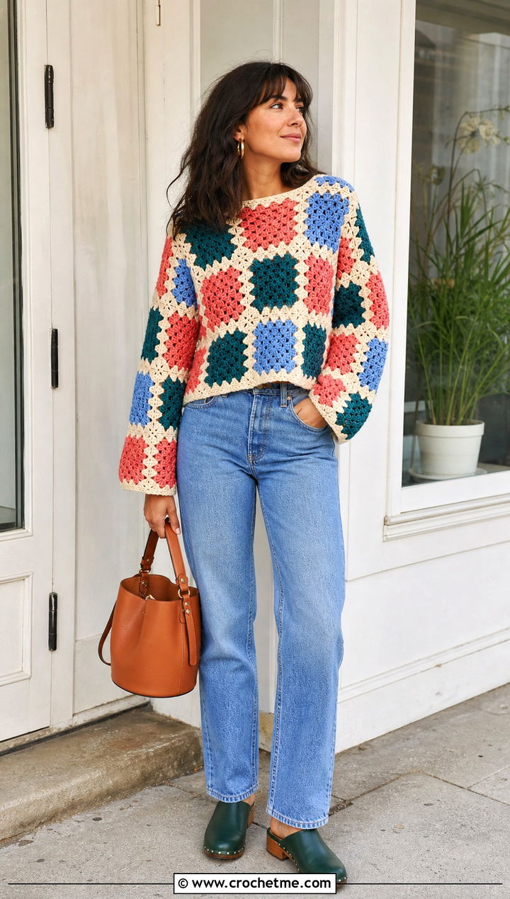Granny Square Checkered Crochet Sweater With Straight Jeans - 30 checkered crochet sweater outfit ideas