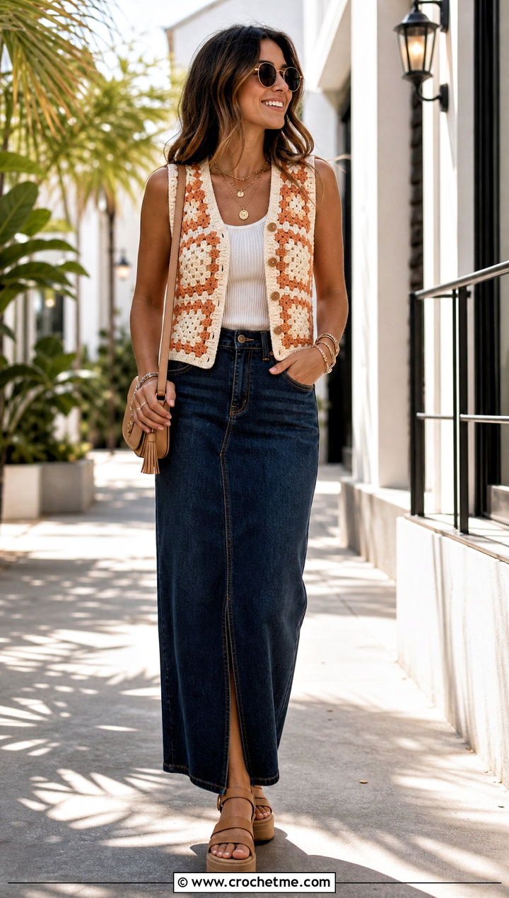Granny Square Checkered Crochet Vest With Denim Maxi Skirt - 30 checkered crochet vest outfit ideas