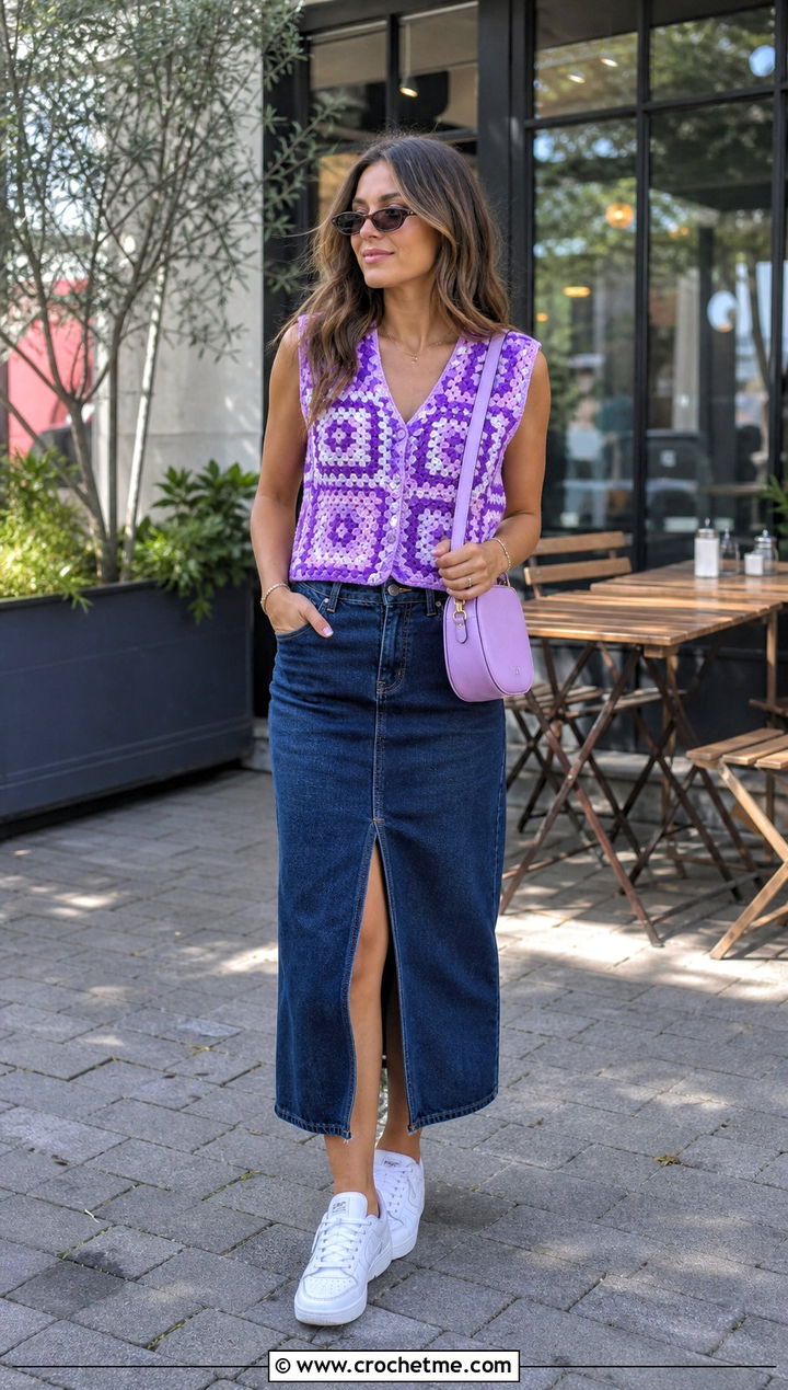 Granny Square Checkered Crochet Vest With Denim Midi Skirt - 15 Crochet Checkered Vest outfit ideas