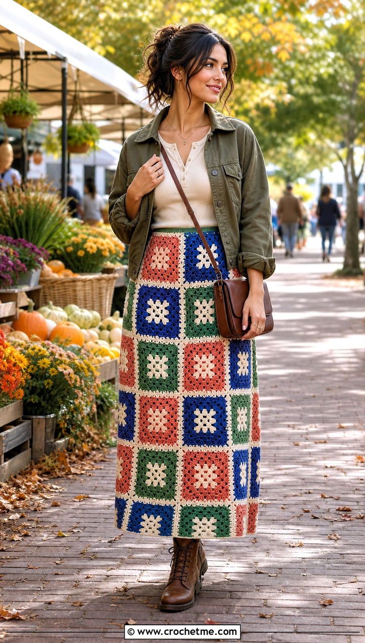 Granny Square Checkered Skirt With Utility Jacket - 25 crochet checkered skirt outfit ideas