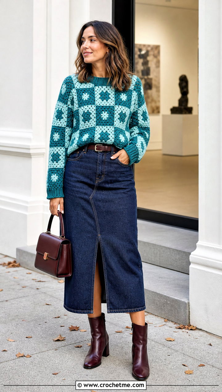 Granny Square Checkered Sweater With Denim Midi Skirt - 30 crochet checkered sweater outfit ideas