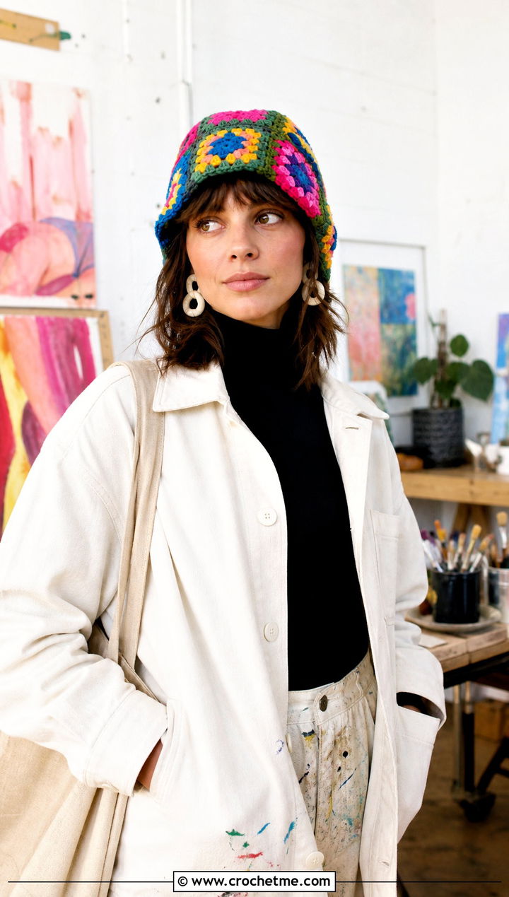 Granny Square Chenille Hat With Artsy Outfit - 30 crochet chenille hat outfit ideas