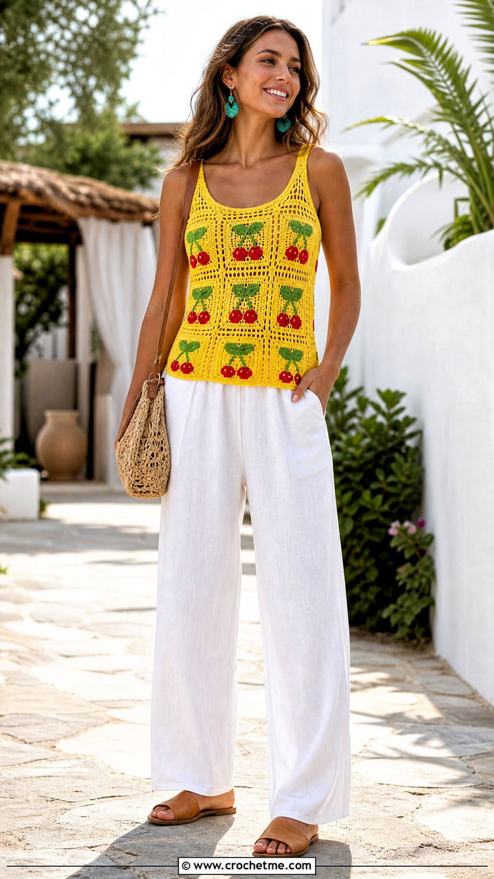 Granny Square Cherry Tank With Linen Pants - 35 crochet cherry top outfit ideas