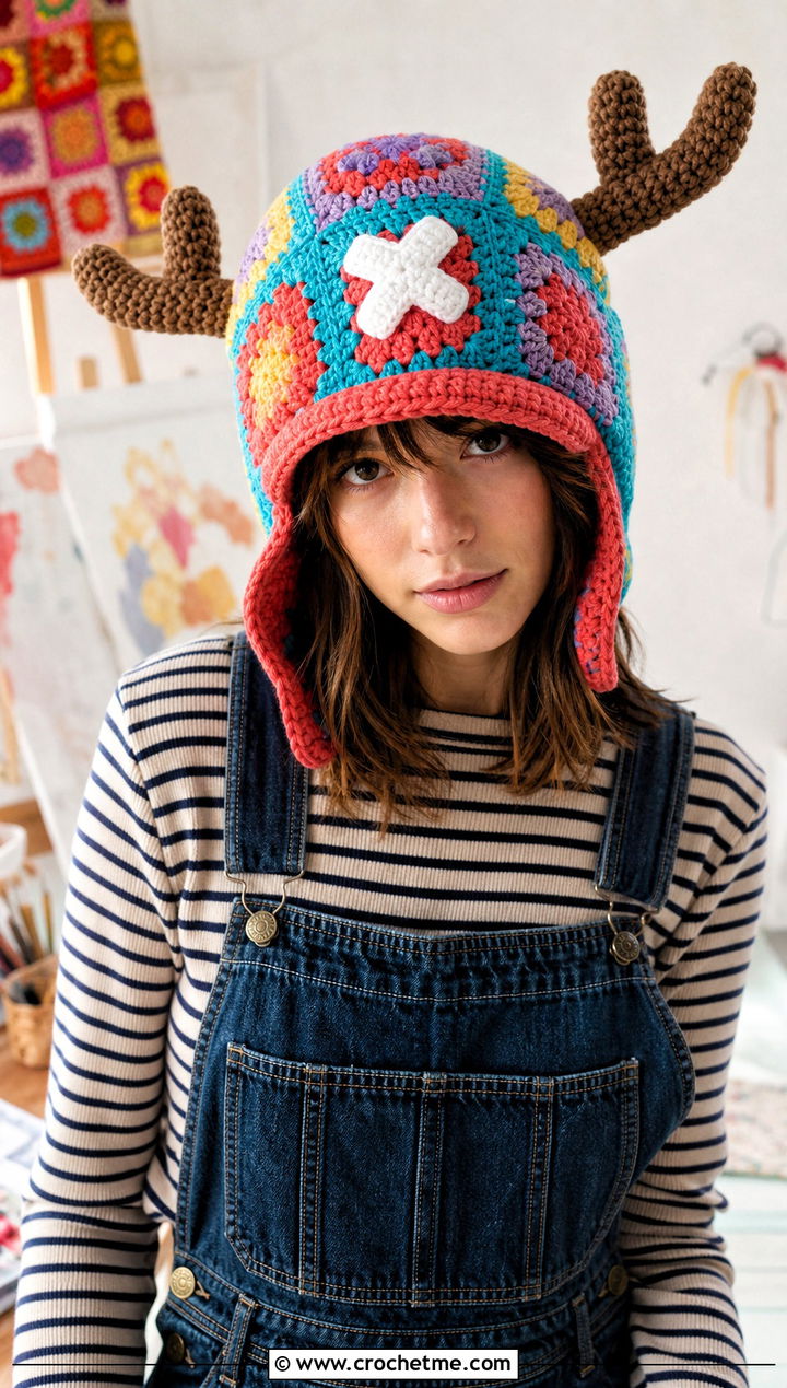 Granny Square Chopper Crochet Hat With Denim Overalls - 25 chopper crochet hat outfit ideas