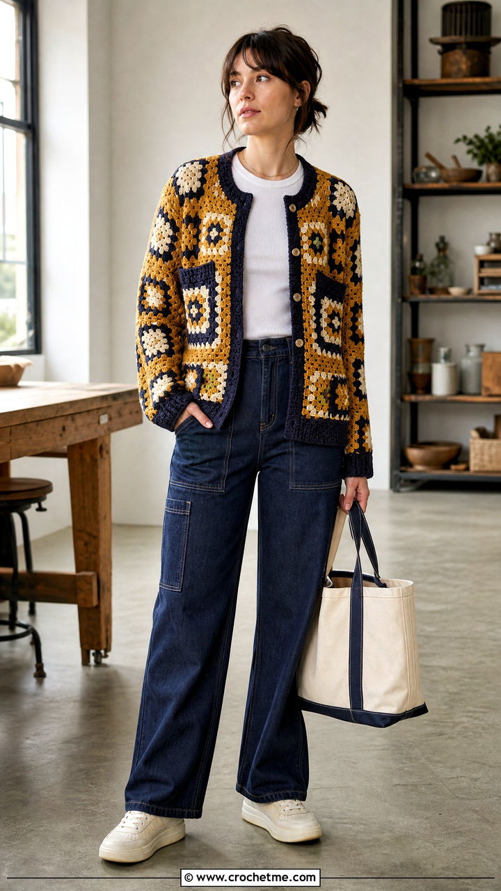 Granny Square Chore Jacket With Carpenter Jeans - 35 granny square jacket outfit ideas